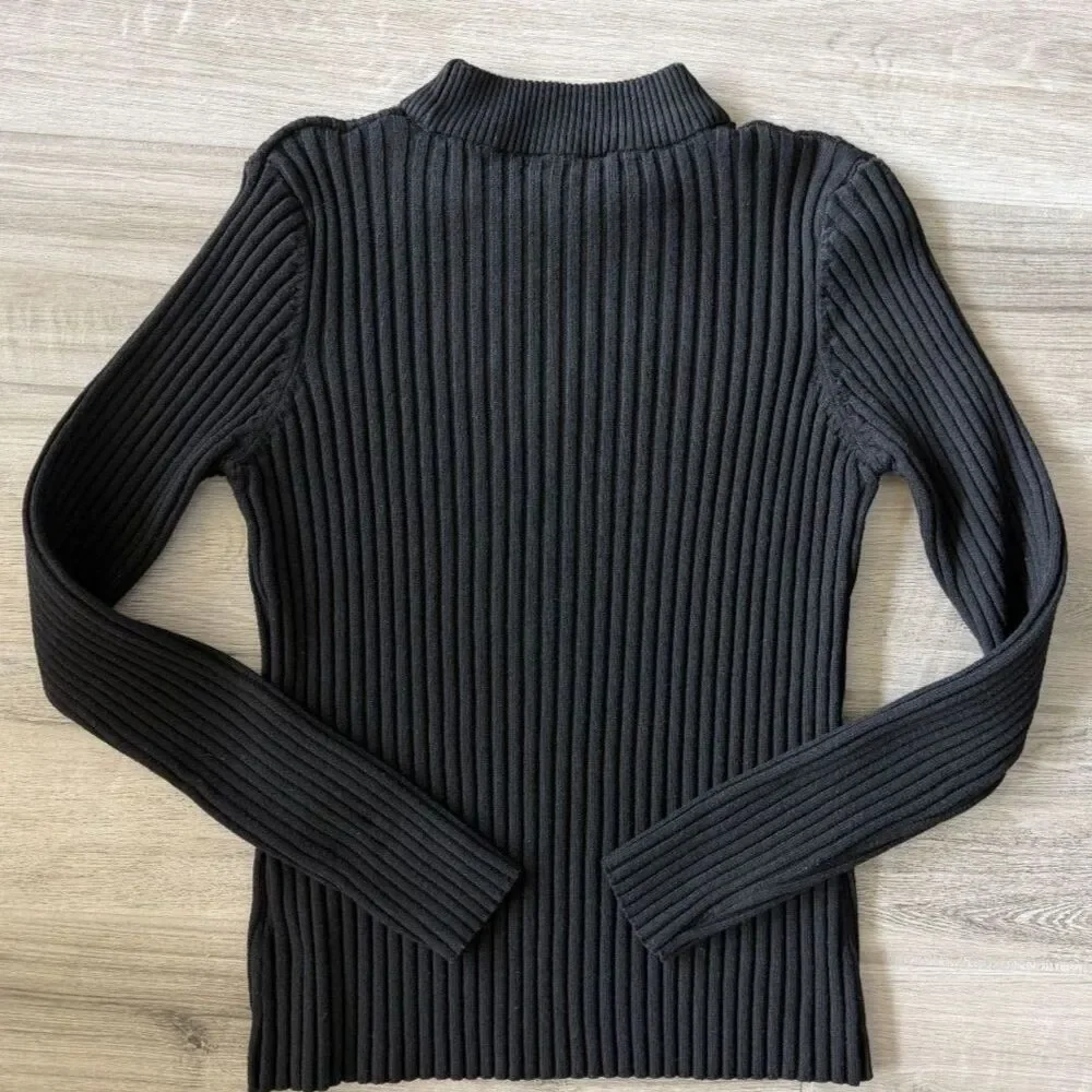 bebe Black Ribbed Mock Neck Sweater Rhinestone Logo Size L - Picture 2 of 6